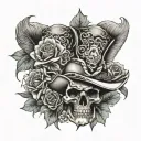 Cowboy skullBootsFlowers(roses)-feathers-vinesTurquoise Cross tattoo design idea
