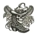 Cowboy skullBootsFlowers(roses)-feathers-vinesTurquoise Cross tattoo design idea