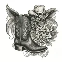 Cowboy skullBootsFlowers(roses)-feathers-vinesTurquoise Cross tattoo design idea