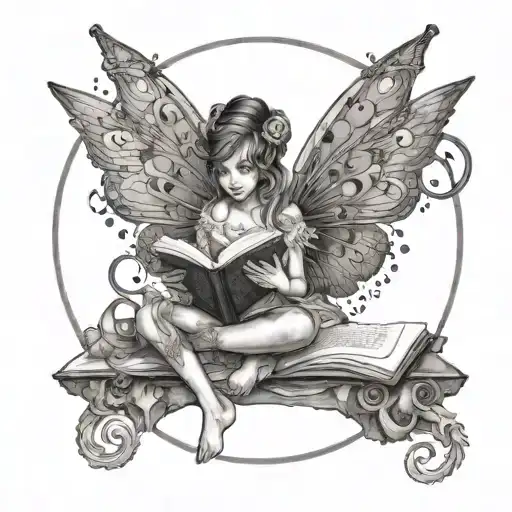 A fairy reading a book surrounded by soft rock/metal motifs tattoo design idea