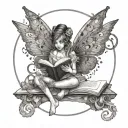 A fairy reading a book surrounded by soft rock/metal motifs tattoo design idea