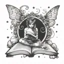A fairy reading a book surrounded by soft rock/metal motifs tattoo design idea
