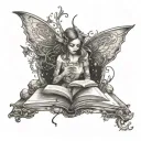 A fairy reading a book surrounded by soft rock/metal motifs tattoo design idea