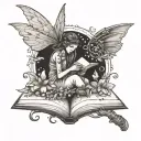 A fairy reading a book surrounded by soft rock/metal motifs tattoo design idea