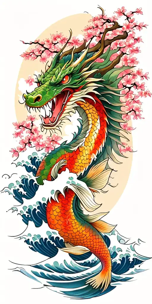 A fierce dragon emerging from the ocean waves with koi fish and cherry blossom trees in the background tattoo design idea
