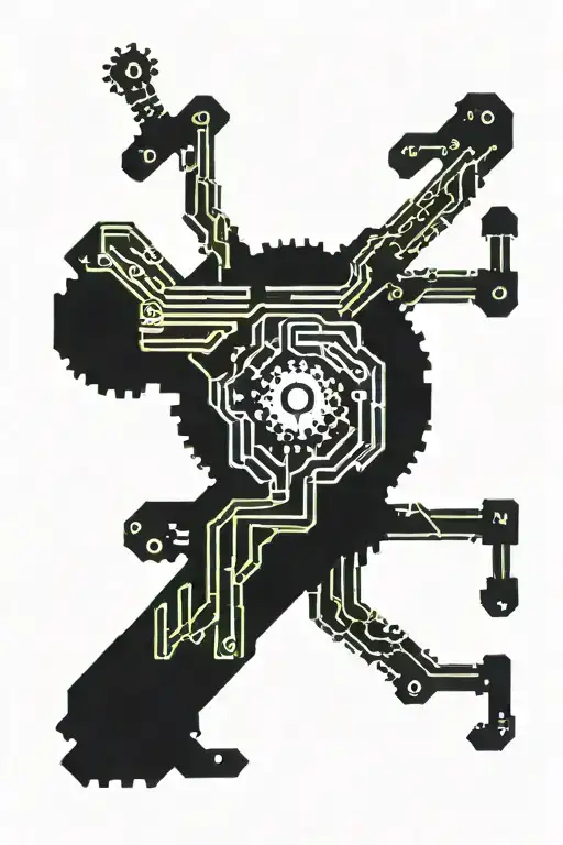 arm tattoo computer binary code, neon ambiance, abstract black oil, gear mecha, detailed acrylic, grunge, intricate comp tattoo design idea
