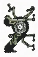 arm tattoo computer binary code, neon ambiance, abstract black oil, gear mecha, detailed acrylic, grunge, intricate comp tattoo design idea