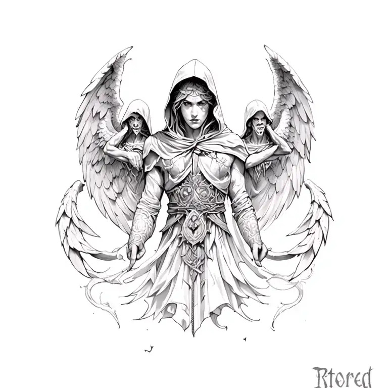 hooded angel warriors fighting demons tattoo design idea