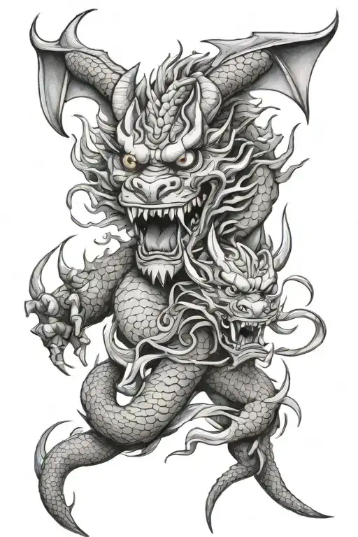 dragon and japanese oni mask tattoo design idea