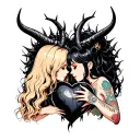 black thorny heart being caressed by two a blonde with horns and a beautiful anime girl with black hair and tattoos tattoo design idea