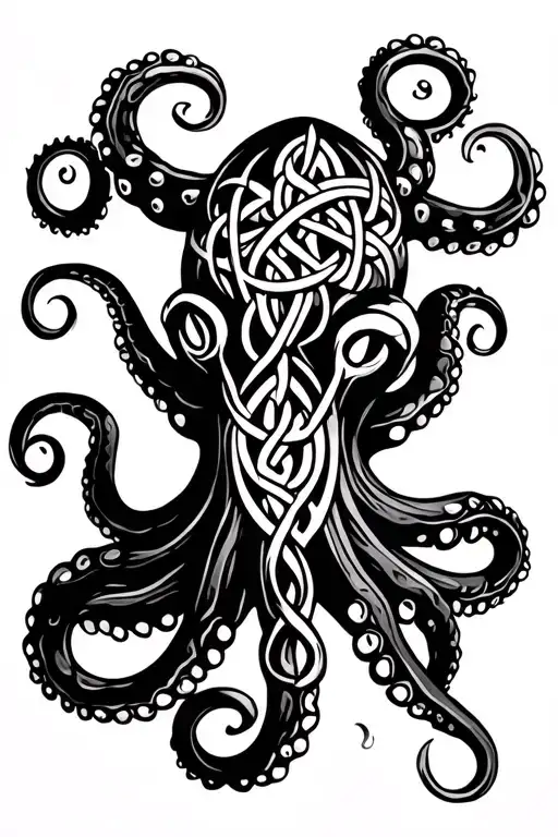 Intricate Celtic octopus tattoo design with eight tentacles, intertwined knots, bold lines, mystical aesthetic. tattoo design idea