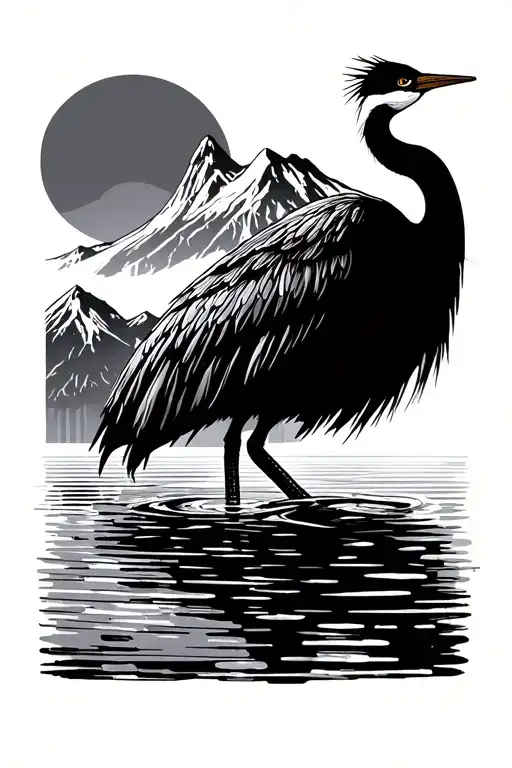 A Korean mountain scenery where a crane is standing on one leg I. the middle of a body of water with circular ripples tattoo design idea