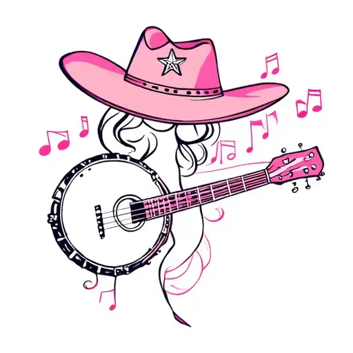 banjo music notes around banjo neck, pink cowgirl hat with a star on banjo head tattoo design idea
