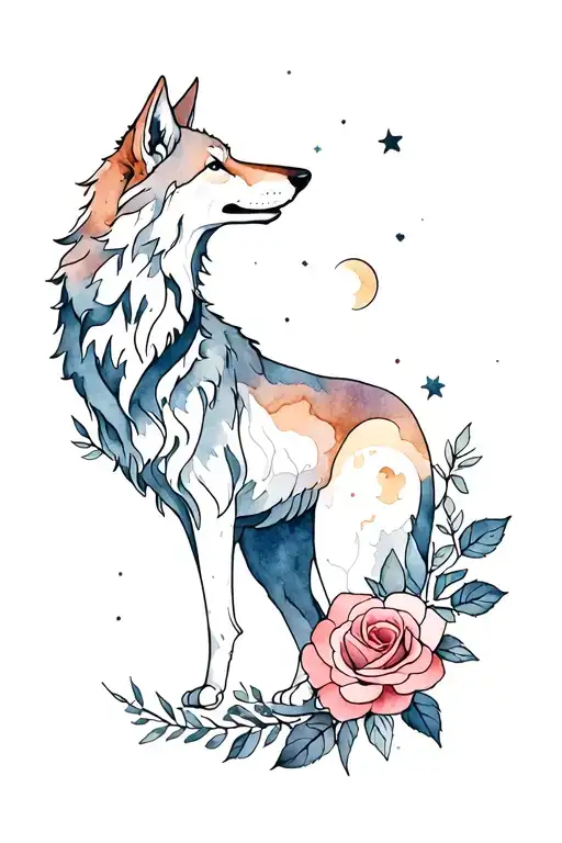Wolf and roses intertwined and moon tattoo design idea