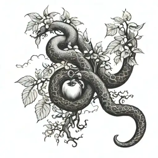 serpent wrapped around an apple tree and being choked by a hand coming down from the clouds tattoo design idea