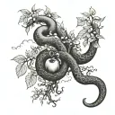 serpent wrapped around an apple tree and being choked by a hand coming down from the clouds tattoo design idea
