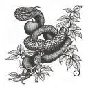 serpent wrapped around an apple tree and being choked by a hand coming down from the clouds tattoo design idea