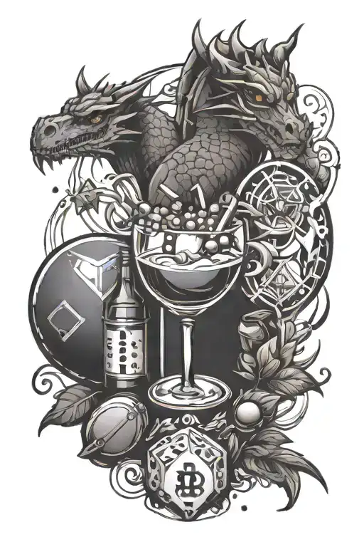 Create a sleeve tattoo featuring dice, dragons, and cocktail elements to represent the client's love for bartending tattoo design idea