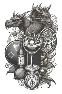 Create a sleeve tattoo featuring dice, dragons, and cocktail elements to represent the client's love for bartending tattoo design idea