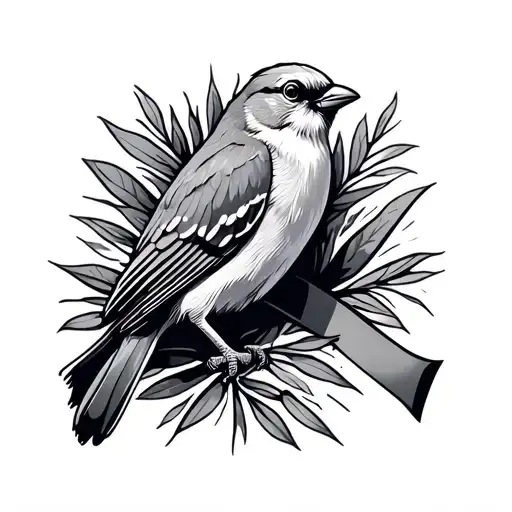 lung cancer ribbon with backyard finch bird standing side tattoo design idea