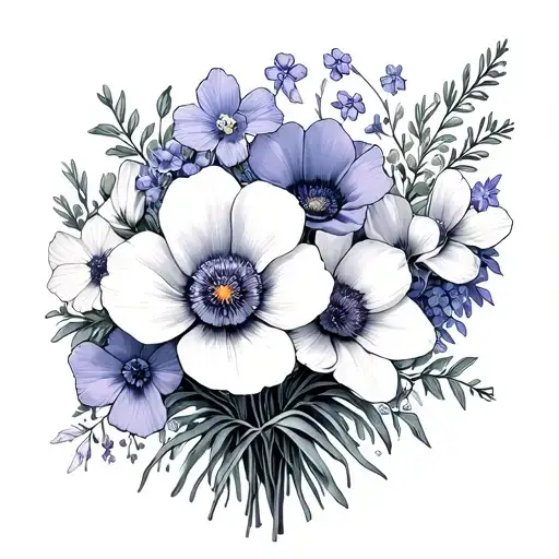 a bouquet of flowers with narcisuss, forget me not, california poppy, and violet  tattoo design idea