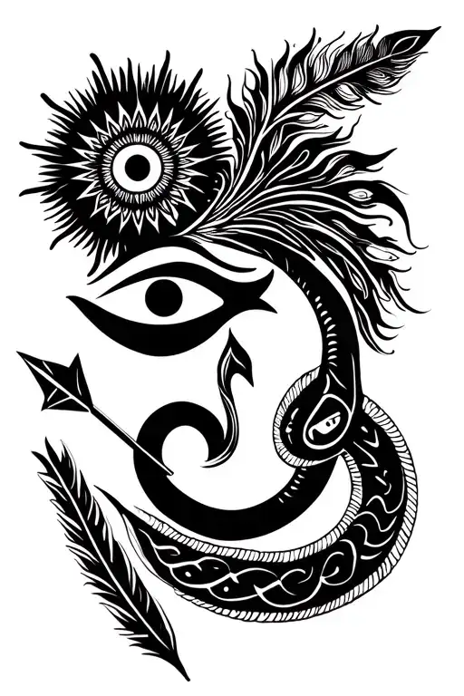 Shiva's trishul, third eye, cresent moon, snake. Krishna's flute, peacock feather and karna's sun symbol with arrow tattoo design idea