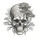 skull and trees growing tattoo design idea