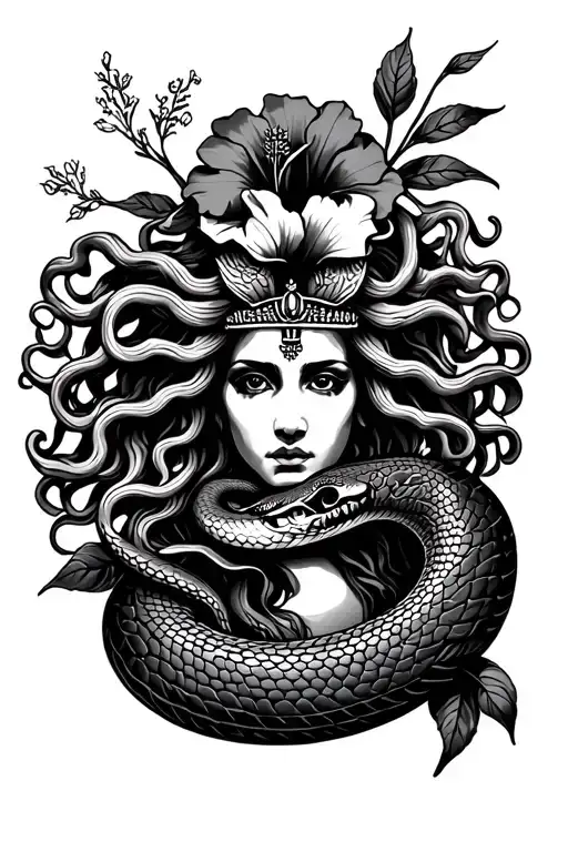 Medusa and hibiscus outline with black Mexican king snake tattoo design idea