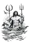 POSEIDON IN A WAVES WITH A TRIDENT AND A SHARK BEHIND HIM LIKE A GREEK GOD tattoo design idea