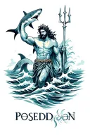 POSEIDON IN A WAVES WITH A TRIDENT AND A SHARK BEHIND HIM LIKE A GREEK GOD tattoo design idea