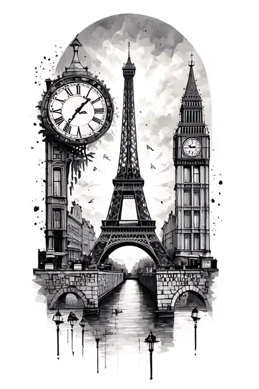 eiffel tower with berlin wall and big ben clock face and row houses of Amsterdam  tattoo design idea