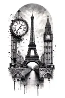 eiffel tower with berlin wall and big ben clock face and row houses of Amsterdam  tattoo design idea