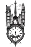 eiffel tower with berlin wall and big ben clock face and row houses of Amsterdam  tattoo design idea