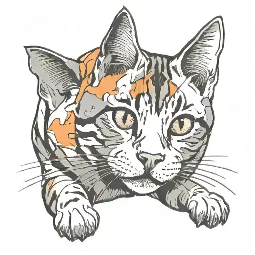 skinny female tabby cat, short hair, white hair on belly and chest, orange spot on head,, white paws. tattoo design idea