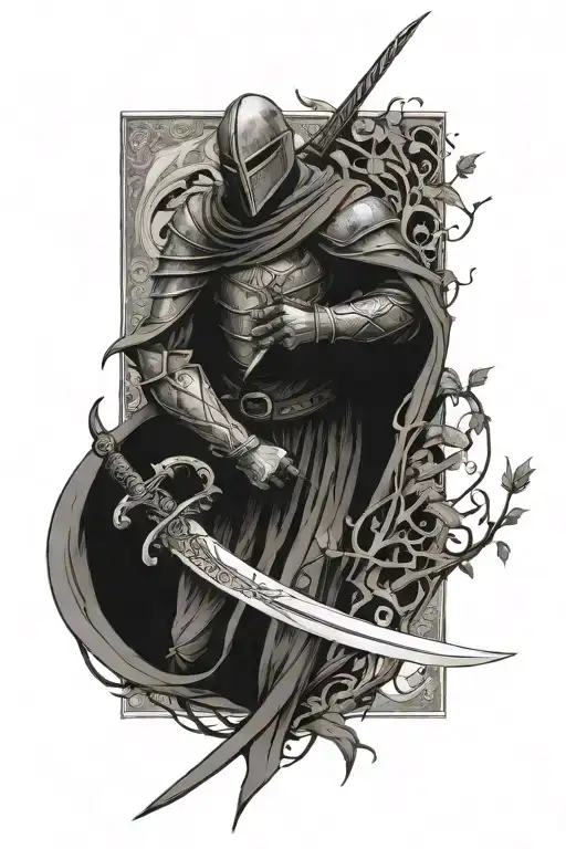 dead against wall knight, sword, vines covering, creeping vines,  tattoo design idea