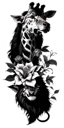 lion with roses, a giraffe with lillies and wolf howling tattoo design idea