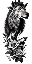 lion with roses, a giraffe with lillies and wolf howling tattoo design idea