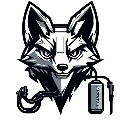 Mechanical fox head logo. Fox head is plugged into a battery. Low detail, simple design. tattoo design idea