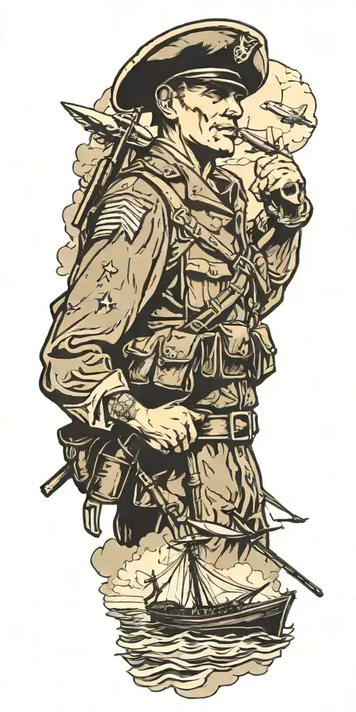 war soldier with boats and planes tattoo design idea