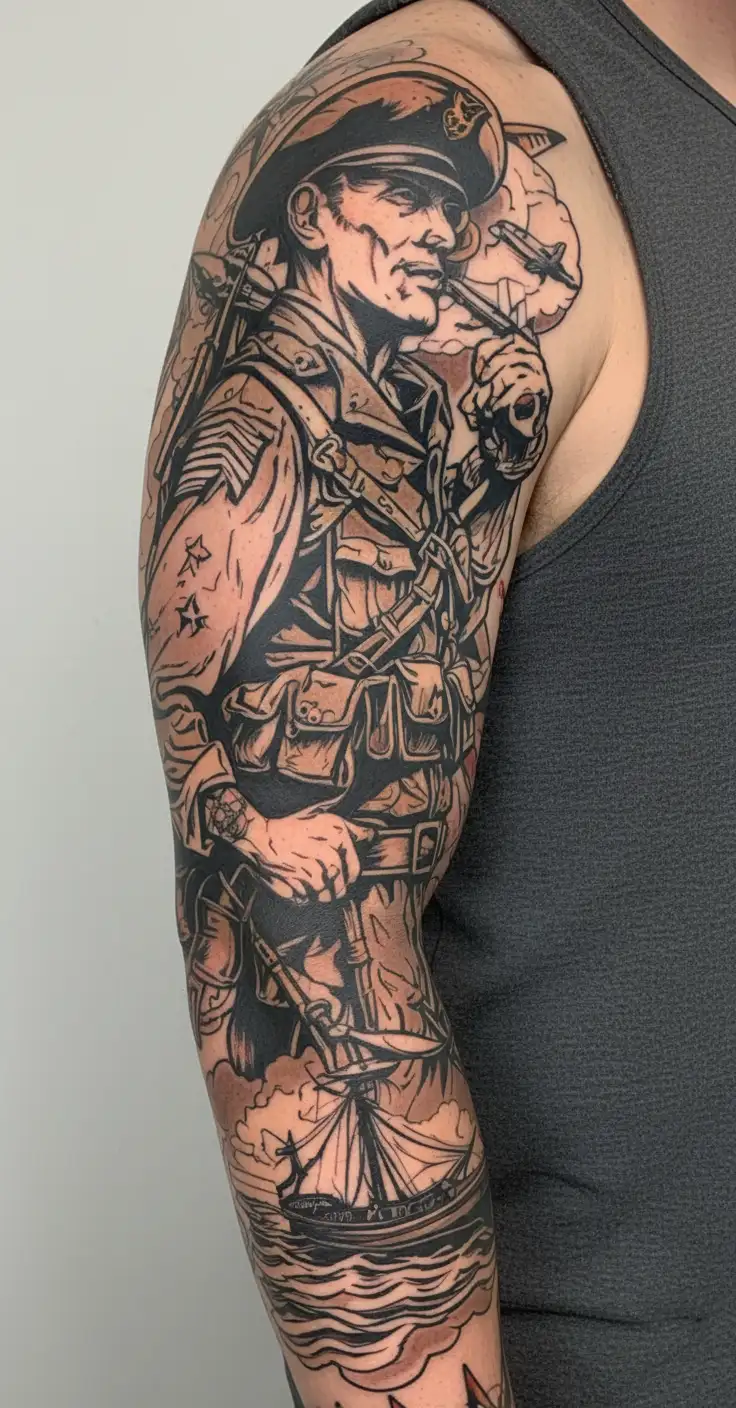 war soldier with boats and planes tattoo design idea