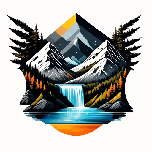colorful geometric mountain and waterfall  tattoo design idea