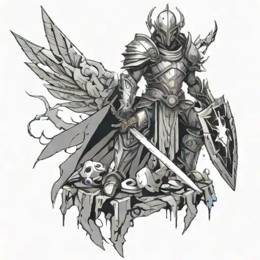 An angelic warrior with gothic armor and a sword made of lightning, standing on a pile of broken gaming controllers tattoo design idea