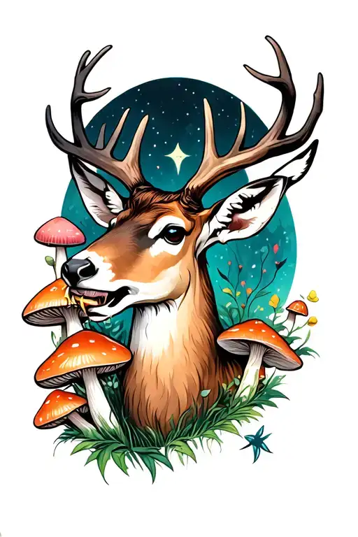 mystical deer head eating mushrooms tattoo design idea