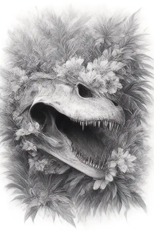 tropical leaves with flowers an T Rex skull tattoo design idea