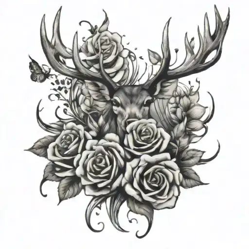 roses butterfly deer antlers tattoo design idea