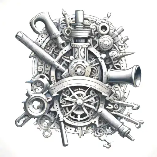 An intricate tattoo featuring crafting tools and woodwork tools intertwined with metalworking equipment, representing the client's passion for creating tattoo design idea