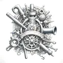 An intricate tattoo featuring crafting tools and woodwork tools intertwined with metalworking equipment, representing the client's passion for creating tattoo design idea