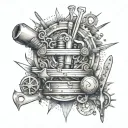 An intricate tattoo featuring crafting tools and woodwork tools intertwined with metalworking equipment, representing the client's passion for creating tattoo design idea