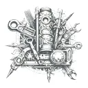 An intricate tattoo featuring crafting tools and woodwork tools intertwined with metalworking equipment, representing the client's passion for creating tattoo design idea