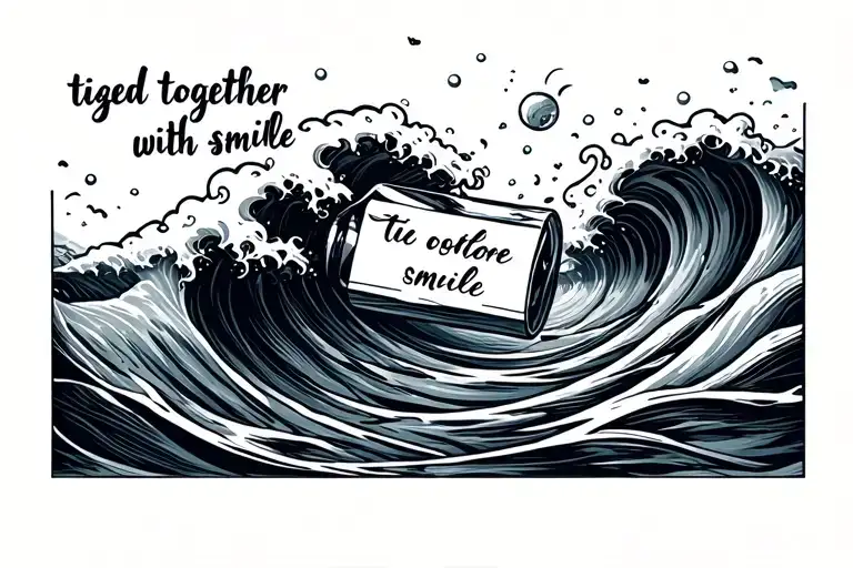 Black and white outlineOcean waves say “tied together with a smile” and a bottle with a message floating in the water tattoo design idea